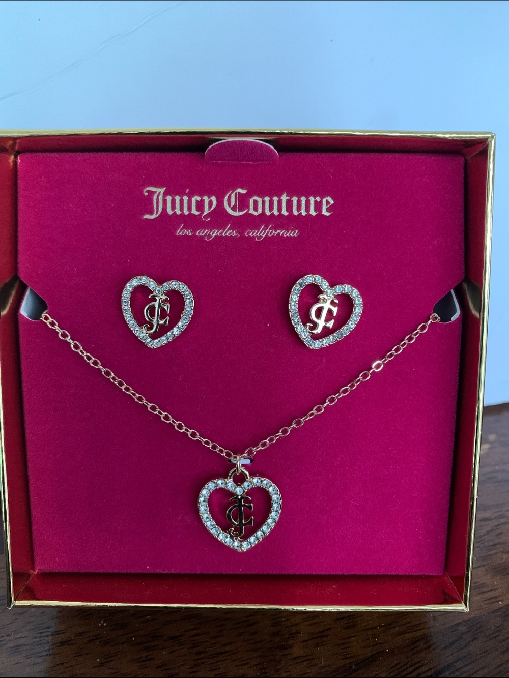 Juicy Couture Gold Heart Crystal Pendant Necklace with Matching Earrings